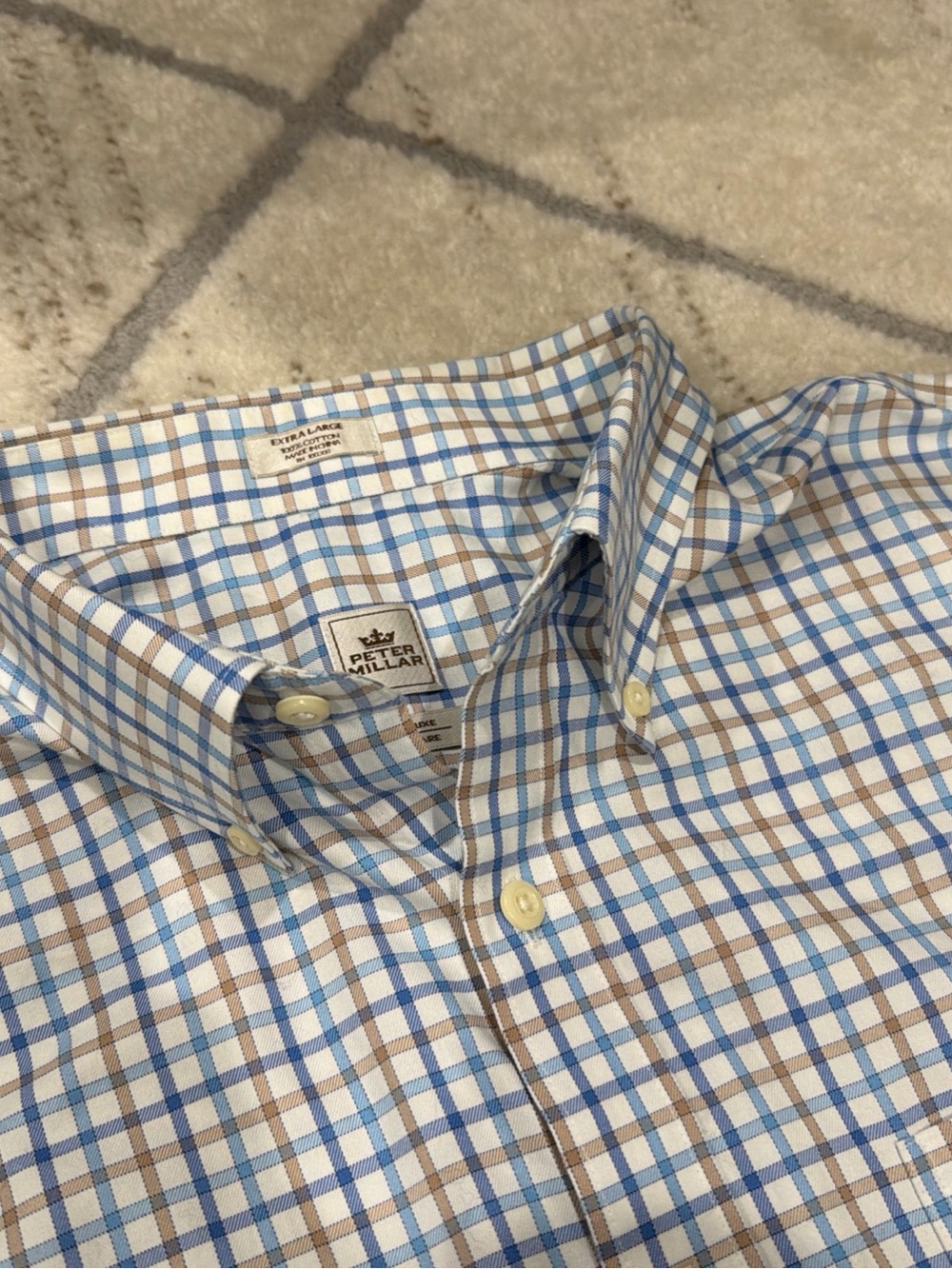 Peter Millar Mens XXL Blue Tan Plaid Nanoluxe Easycare Cotton Button Down Shirt
